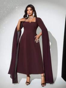 Viva Relle Women Summer Elegant Burgundy Square Neck Maxi Dress,Plus Size Flowing Sleeves Autumn Wedding,New Year's & Valentine's Day Maxi Fall - Brown - View 4