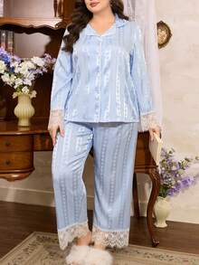 Côtesoire 优雅蕾丝拼接荷叶边睡衣，法式优雅缎面睡衣，迷人长袖蕾丝睡裤套装，浪漫法式睡衣套装，大码 - 藍色 - 查看 6