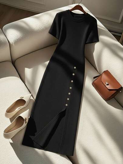 GlowEve CURVE Plus Size Women's New Simple Solid Color Button Fitted Short Sleeve Split Hem Bodycon Dress