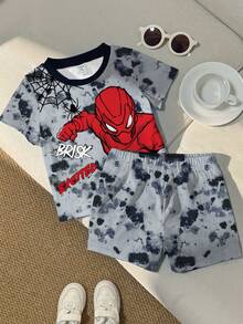 SHEIN Playful Pals 1 套男婴休闲网络和字母印花圆领短袖 T 恤和短裤套装，时尚日常穿着 - 彩色 - 查看 3