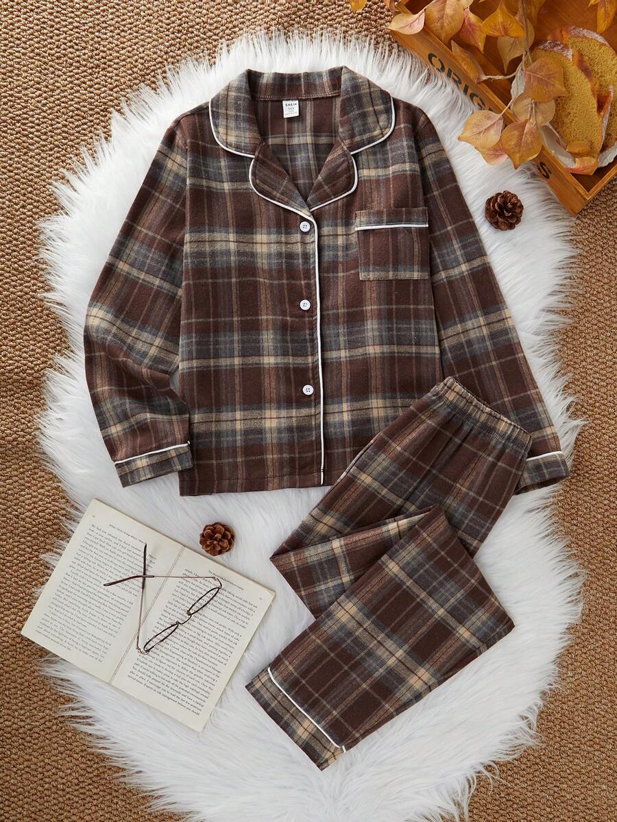 Tween Girl Plaid Collared Cardigan And Pants Pajama Set Plaid Pajama Set Button-Up Pajama Set Coffee-Colored Pajama Set Two Pieces Pajama Set Plaid Pj Set Button Up Pajama Set - Coffee Brown - View 1
