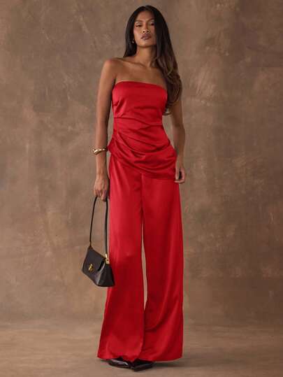 SHEIN BAE Set elegante da donna per pendolari, composto da top a tubo con pieghe e orlo asimmetrico in colore unito, e pantaloni a zampa larga, per l'estate