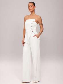 Silquee Conjunto de top bandeau asimétrico y pantalones de moda para el día a día - Blanco - Ver 5