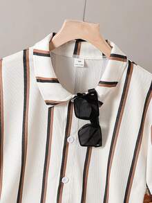 Teen Boy Textured Striped Short Sleeve Shirt And Striped Shorts, Casual And Comfortable For Outdoor And Indoor Wear, Suitable For Summer