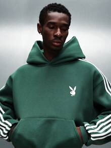 PLAYBOY X SUMWON Green Pullover Hoodie With White Striped Sleeves Centre Pocket Drawstring Hood Casual Streetwear Sweatshirt - Green - View 4