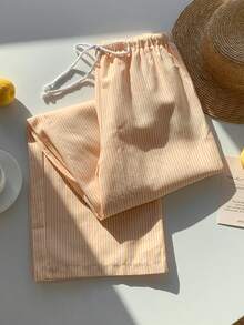 SHEIN EZwear 女士条纹亚麻低腰裤，简约时尚，适合夏季 - 黃色 - 查看 3