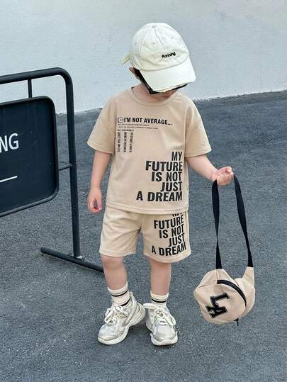SHEIN 3pcs Kids Boy Casual Street Style Sporty Versatile English Letter Print Loose Raglan Crew Neck Khaki Short Sleeve Sweatshirt, Khaki Sports Shorts, And Khaki Crossbody Bag, Suitable For Spring, Summer, Autumn Summer Y2k Vacation Goth Gothic Streetwear Sumwon Burgundy Holiday Vintage Boho Festival Mardi Gras Party Cute Birthday Boys Modest Home Casual Cozy
