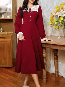 Côtesoire Camisón de mujer elegante francés de punto acanalado con encaje y contraste de color