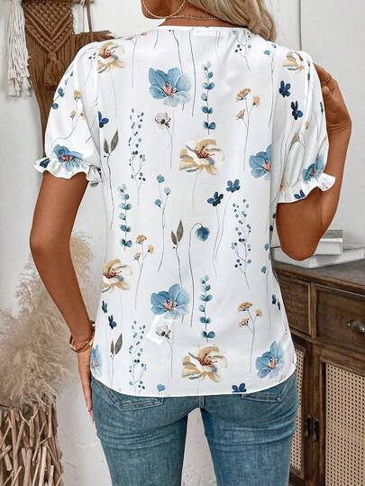 EMERY ROSE Women's Vacation Leisure Floral Print Contrast Lace Puff Sleeve Shirt,Short Sleeve Tops