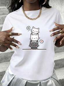 Korean Style Graphic Print Short Sleeve T-Shirts Preppy School Casual Daily Wear BFF Matching Tops Minimalist Fashion Ins Trendy Tees - Blanco - Ver 1