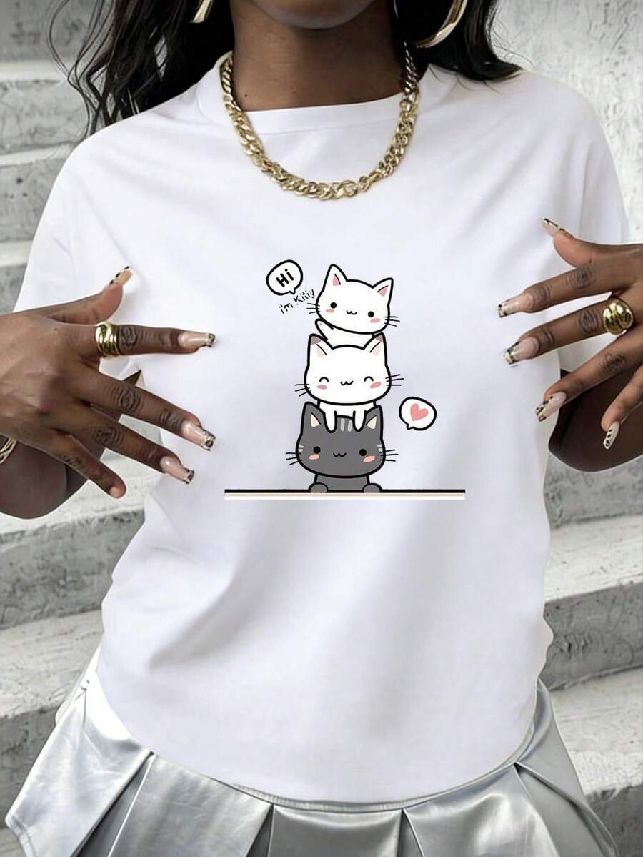 Korean Style Graphic Print Short Sleeve T-Shirts Preppy School Casual Daily Wear BFF Matching Tops Minimalist Fashion Ins Trendy Tees - Blanco - Ver 1