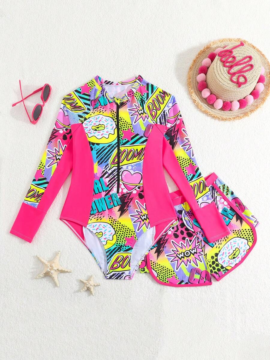 SHEIN GraphicGems Tween Girls Graffiti Print Zip-Up Long Sleeve Rash Guard Swimsuit With Shorts,Pink Cute Summer Beach Holiday 2 Piece Modest Swimwear Set For Youth - Multicolor - View 1