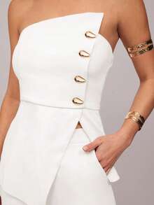 Silquee Conjunto de top bandeau asimétrico y pantalones de moda para el día a día - Blanco - Ver 3