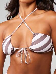 MISSGUIDED Cross Back Halter Stripe Bikini Top With Tie Detail Summer Swimwear Beach Vacation Pool Essential - Multicolor - View 6