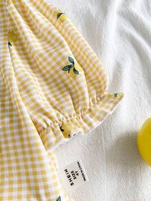 SHEIN Vintaside Kids 年轻女孩夏季休闲乡村度假风柠檬格纹印花荷叶边上衣，泡泡袖，蝴蝶结装饰 - 黃色 - 查看 9