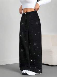 SHEIN Tall Women's Skinny Fit Straight Leg Jeans, Black With Rhinestone Embellishment - Black - View 6