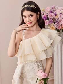 Pitira Đầm dài ngang gối màu mơ trơn, chất liệu organza pha trộn jacquard, nhiều lớp xếp nếp, cổ áo bất đối xứng, vai lệch, dành cho bé gái tuổi teen, thích hợp cho các buổi hẹn hò, tiệc tùng, ngày lễ, tiệc chiêu đãi, tiệc trưa, sinh nhật, năm mới, tựu trường, dạ hội, các buổi gặp mặt buổi tối, mùa cưới, hoặc làm phù dâu. - Màu be - Xem 4