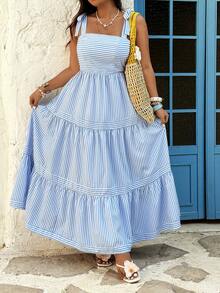 Sunnyshic Vestido de tirantes elegante y holgado con estampado de rayas, estilo de vacaciones en la playa - Azul - Ver 5