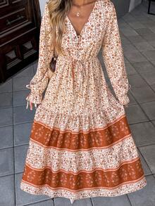 Breezaya Đầm maxi in hoa, thắt nút phía trước, tay bồng, gấu đầm xếp ly, thích hợp cho năm mới. - Nhiều màu - Xem 6