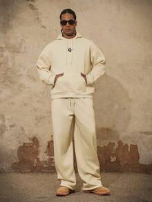 Manfinity Roghcode Men's Loose Casual Hoodie & Sweatpants Set, Suitable For Street Style, Daily Wear - Beige - View 6
