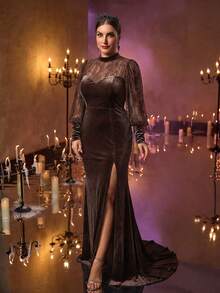 Glamrae Plus Size Elegant Luxurious Black Sheer Long Sleeve Lace & Velvet Patchwork High Slit Fishtail Maxi Dress With Train, Suitable For Weddings, Parties, Vacations, Galas, Formal Events (Heavily Embellished), Valentine's Day - Coffee Brown - View 7