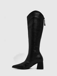 Daringsoles 女士尖头侧拉链设计时尚日常通勤百搭高跟过膝长靴 - 黑色 - 查看 11