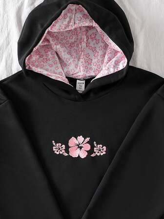 少女休闲时尚可爱粉色花卉刺绣连帽卫衣