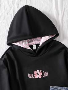 Teen GirlCasual Fashionable Cute Pink Floral Embroidered Sweatshirt - Black - View 8