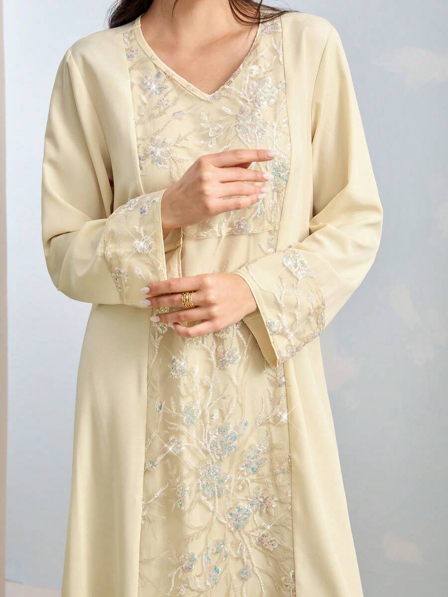 Al Najma 女士优雅亮片刺绣拼接阿拉伯风格连衣裙 - 綠色 - 查看 1