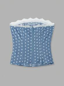 lacRébo Sky Blue Satin Polka Dot Print Bustier Strapless Top With Lace Trim Cute Vintage Style Party Spring Summer  Polkadot Top French Style Parisian Style - Multicolor - View 7