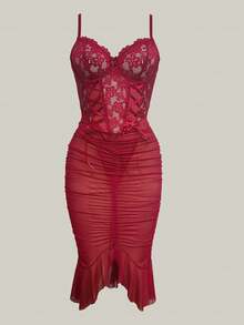 2pcs Set: Lace Contrast Mesh Tie-Up Bodycon Maxi Dress & G-String, Valentine's Day - Burgundy - View 6