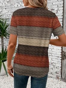EMERY ROSE 女士休闲条纹撞色复古圆领宽松短袖T恤，适合春夏穿着，休闲百搭。 - 彩色 - 查看 2