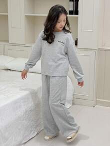DAZY 2pcs Tween Girl Tween Girls Graphic Print Crew Neck Sweatshirt And Pants Loungewear Set, Fall - Light Grey - View 4