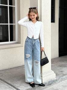 2pcs Tween Girls' Denim Set,Bow Decor V-Neck Knit Long Sleeve Top & Distressed Wide Leg Pants,Light Blue And White,Autumn,Casual,School,Back-To-School - Blue and White - View 3
