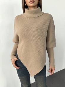 SHEIN PETITE 女士不对称蝙蝠袖下摆纯色高领毛衣，时尚百搭，适合假日度假，娇小身材也能轻松驾驭，品质升级，秋冬季款 - 卡其色 - 查看 7