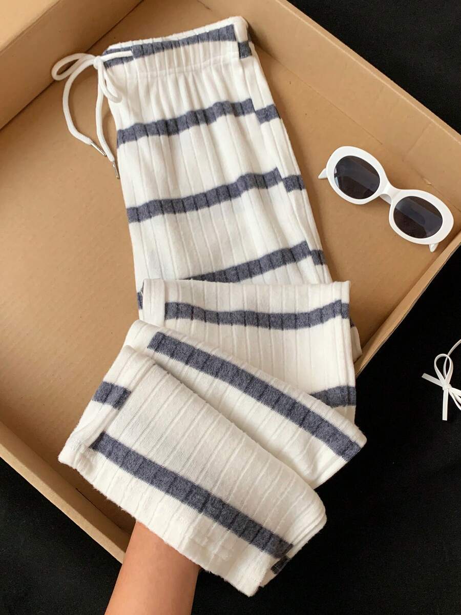 SHEIN EZwear 女士休闲前系带条纹裤，简约风格