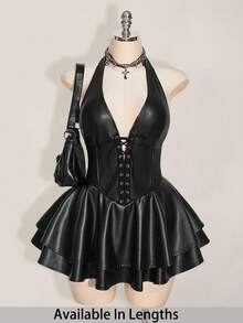 SHEIN Tall CURVE Váy hở lưng mini hở lưng bằng da PU màu đen cỡ lớn Y2k dành cho nữ, váy dạ hội Gyaru thời trang, trang phục dự tiệc câu lạc bộ, lễ hội, trang phục rave Y2k, váy đen hở lưng, dây đeo chéo, váy gothic, quần áo gothic, quần áo phụ nữ theo phong cách gothic, váy da giả, váy corset buộc dây, váy dạ hội - màu đen - Xem 1
