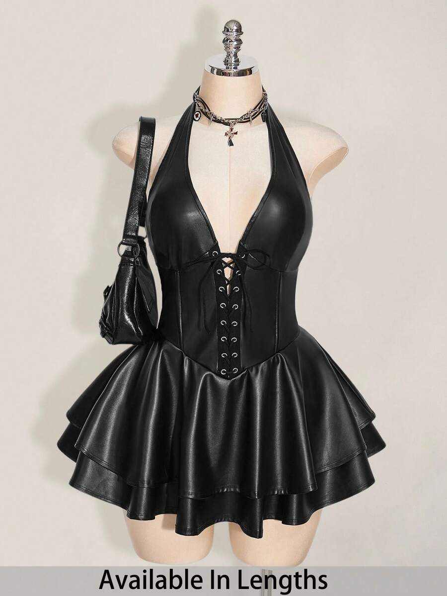 SHEIN Tall CURVE Váy hở lưng mini hở lưng bằng da PU màu đen cỡ lớn Y2k dành cho nữ, váy dạ hội Gyaru thời trang, trang phục dự tiệc câu lạc bộ, lễ hội, trang phục rave Y2k, váy đen hở lưng, dây đeo chéo, váy gothic, quần áo gothic, quần áo phụ nữ theo phong cách gothic, váy da giả, váy corset buộc dây, váy dạ hội - màu đen - Xem 1