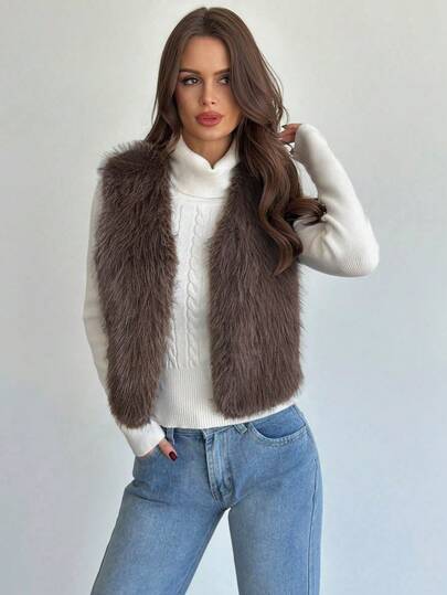 Firerie 优雅性感复古仿皮草背心，无袖外套，女士秋冬款