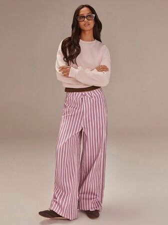 Athîral 女士休闲通勤条纹印花宽松阔腿牛仔裤