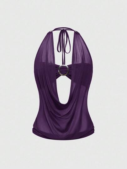 ROMWE Hippie Spring/Summer Women's Y2K Retro Deep Draped Neck Backless Street Style Strapless Tank Top (Includes Camisole Lining)