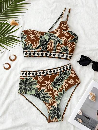 Travachic Conjunto de traje de baño con estampado tropical para mujer, ideal para vacaciones y playa