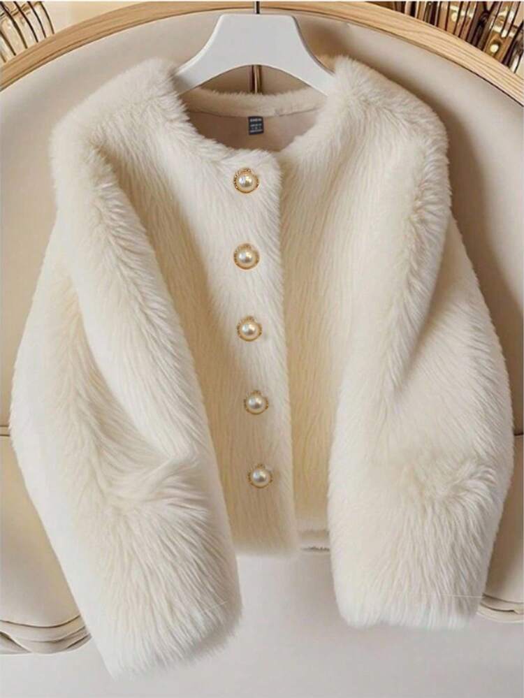 GlowEve Jaqueta Elegante de Manga Longa com Botões Felpudos e Cor Sólida, Outono/Inverno - Damasco - Visão 1