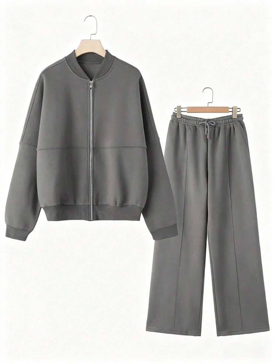 INAWLY Women's Tracksuit Cardigan Jacket And Pants 2 Pieces Set, Fashionable Streetwear - Grey - View 1