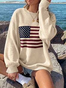 SoleilVie 女士落肩美国国旗图案毛衣，长袖针织套头衫，秋冬毛衣 - 杏色 - 查看 3