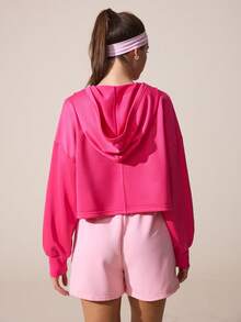 SHEIN Sovereign Charm 女士纯色V领连帽休闲百搭通勤户外长袖卫衣 - 玫紅色 - 查看 2