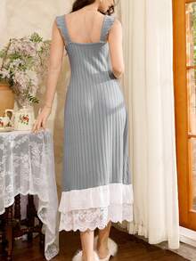 French Elegant Lace Patchwork Nightgown, Tight Fitting Bodycon Maxi Dress, Ruffle Hem French Style Women Sleepwear - Blue - View 2