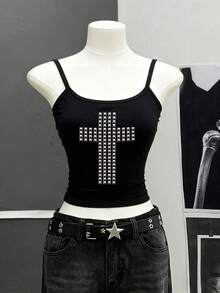 SHEIN Áo hai dây nữ in họa tiết chữ thập, kiểu dáng thường ngày, đa năng, thích hợp cho kỳ nghỉ. - màu đen - Xem 4