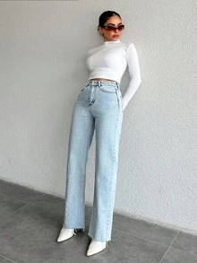 SHEIN 100%Cotton High Waist Straight Leg Jeans - Blue - View 5