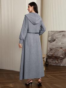 Modelyn 2件組女款純色長袖極簡夾克與寬肩帶休閒洋裝套裝 - 藏蓝色 - 查看 7